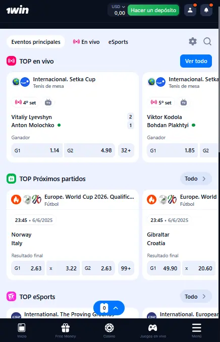 Apuestas deportivas en la app 1Win