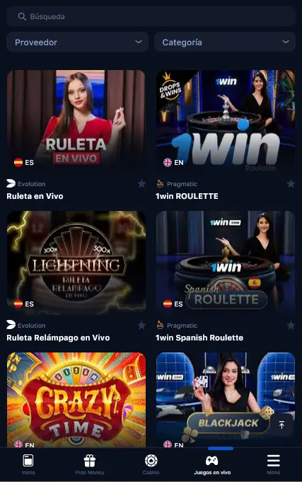 Casino en vivo en la aplicación 1Win