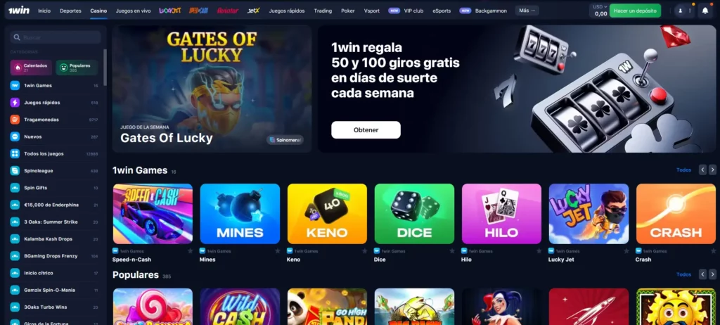 Interfaz de Casino 1Win