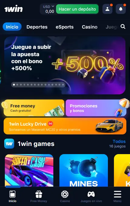 Página de inicio en la aplicación 1Win